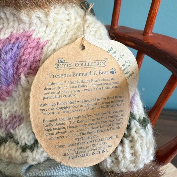 Vintage Boyds Bear Plush 8" Edmund T. Bear 1997 w Heart Sweater Pastel Bibs Tags - Picture 3 of 10